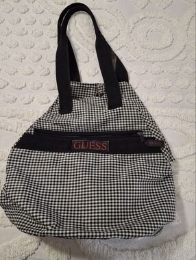 Guess Black & White Gingham Shoulder Tote with Red Logo